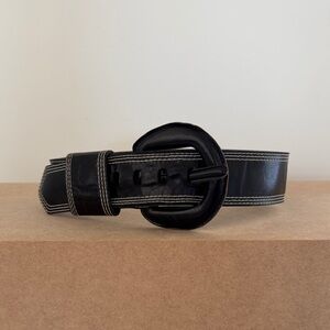 Vintage R J Graziano Black Leather Belt with White Stitching